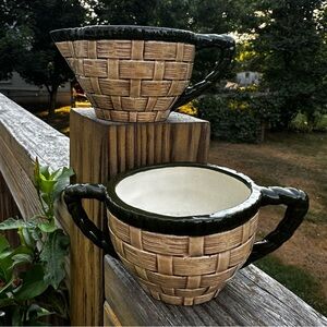 Vintage Basketweave Handmade Hand Painted Ceramic Sugar Bowl Cream & Sugar Set